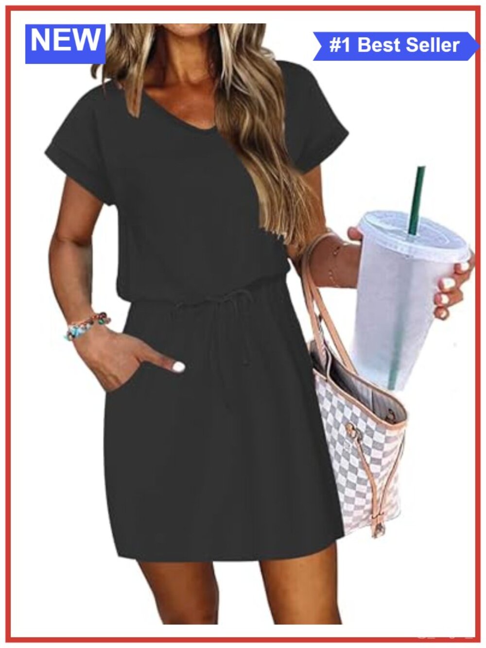 Women Summer Mini Dress Short Sleeve V Neck Drawstring Waist Casual